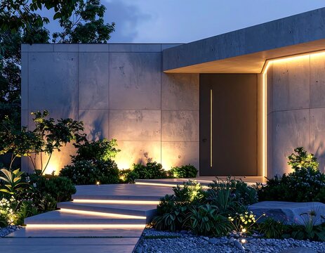 Modern minimalist architectural entrance of a contemporary house with warm LED lighting and landscaped garden. Perfect for real estate and luxury home design concepts.