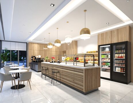 Modern office break room interior featuring a snack bar, vending machines, and seating area. Ideal for corporate workplace design and employee wellness concepts.