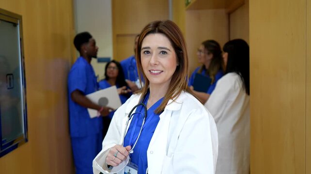 Portrait of a smiling female doctor in a white coat and stethoscope standing in a busy hospital corridor while her medical team of diverse interns and nurses is discussing in the background