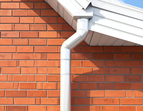 Modern white aluminum guttering and downpipe installed on a red brick house facade. Ideal for construction and home improvement marketing concepts.