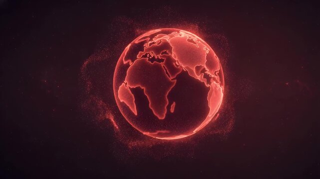 Glowing red digital earth globe spinning in deep space surrounded by abstract particle clouds representing global connectivity and advanced technology for a modern business data concept