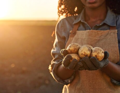A farmer holding freshly harvested earthy organic potatoes in her hands during sunset. Perfect for sustainable agriculture and farm-to-table food concepts.