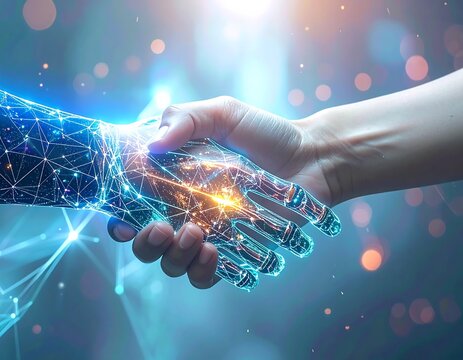 A human hand shaking a glowing digital holographic artificial intelligence hand in a futuristic cybernetic interface. Ideal for technology innovation and corporate partnership concepts.