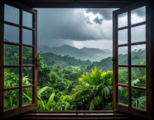 Naklejka premium Open wooden window overlooking a lush tropical rainforest during a heavy rainstorm with distant mountains. Perfect for environmental design concepts.