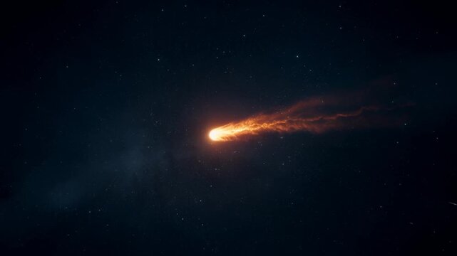 Glowing meteor with fiery tail suspended in a dark star field of outer space