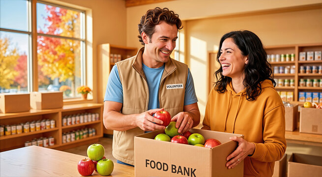 Cheerful volunteers packing fresh red and green apples into a cardboard food bank box inside a community center. Man and woman smiling while organizing donated produce during autumn charity event