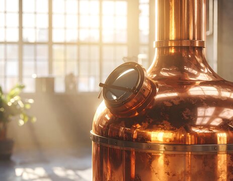 Polished copper still shining in a rustic distillery with warm morning sunlight streaming through factory windows. Ideal for craft spirits and beverage production concepts.