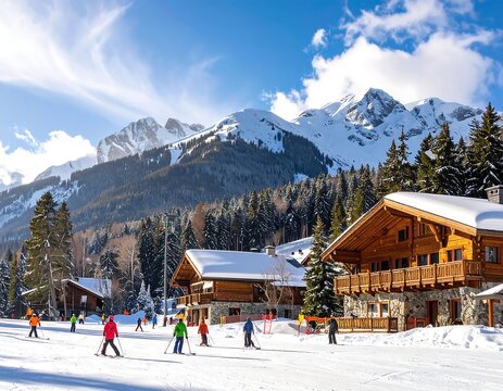 Skiers enjoying a sunny day at a luxury alpine ski resort with snow-covered chalets and majestic mountains. Ideal for winter travel and holiday marketing campaigns.
