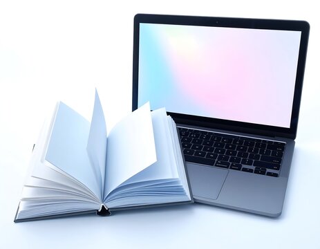 Open book with fanned-out blank pages next to a modern laptop with a blank screen. Ideal for e-learning, digital education, and online study concepts.