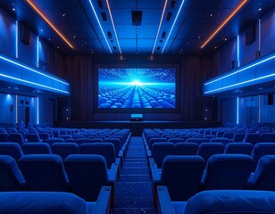 Naklejka premium Rows of plush blue theater seats facing a large bright cinema screen with futuristic neon lighting. Ideal for entertainment, movie industry, and media concepts.