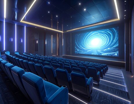 Rows of plush blue theater seats facing a large bright screen inside a modern cinema. Ideal for entertainment, film premiere, and media presentation concepts.