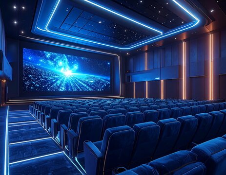 Rows of plush blue theater seats facing a large bright cinema screen with futuristic neon lighting. Ideal for entertainment, movie premiere, and media presentation concepts.