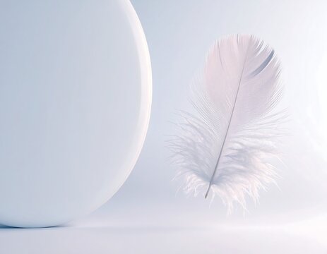 Close-up macro shot of a single soft white feather beside a curved sculptural shape against a minimalist light background. Ideal for wellness, cosmetics, and purity concepts.