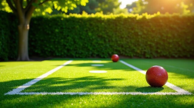 Red balls on a lush green lawn, bordered by crisp white lines, bathed in warm sunlight; a tranquil outdoor game scene.