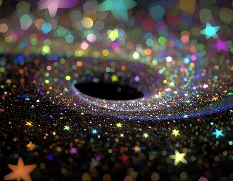 Thousands of glowing iridescent stars and shimmering bokeh lights swirling around a dark abyss. Perfect for abstract fantasy concepts and futuristic space designs.