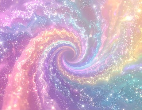 Vibrant iridescent galaxy spiral filled with glowing stars and magical cosmic dust. Ideal for fantasy themes and aesthetic design projects.