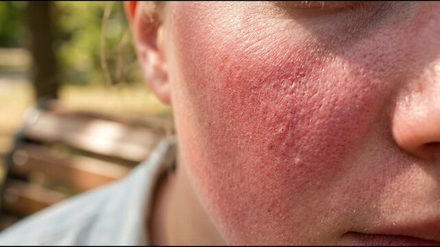 Womans Red and Irritated Face Showing Symptoms of Rosacea or Skin Allergy in a Close up Outdoor Shot