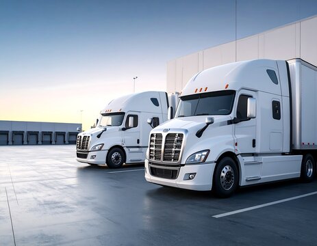 White freightliner cascadia semi trucks parked at a distribution center loading dock. Ideal for logistics and supply chain management concepts.