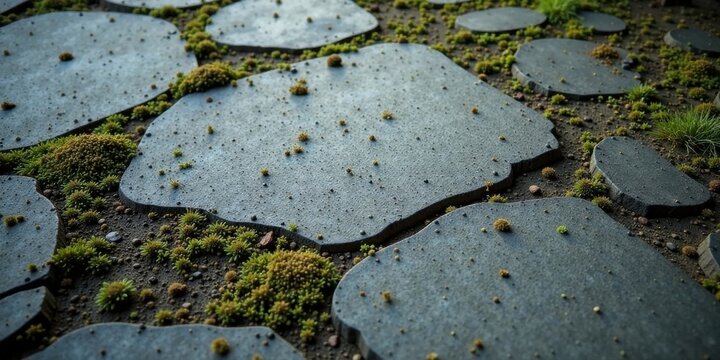 A Serene Pathway of Irregular Stone Slabs Interwoven with Verdant Moss