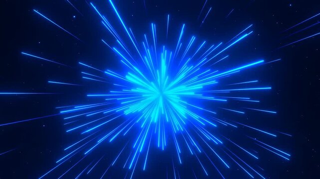 Blue radial light burst over dark star field with glowing lines around center