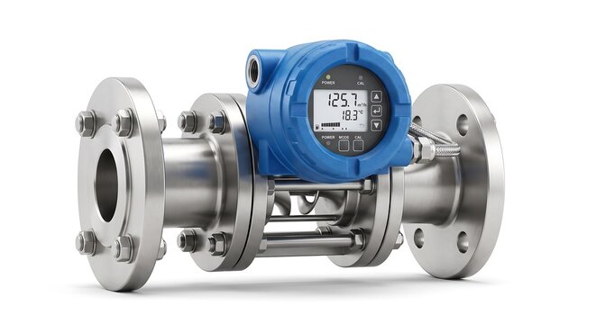 Industrial Stainless Steel Vortex Flow Meter Transmitter Isolated on White
