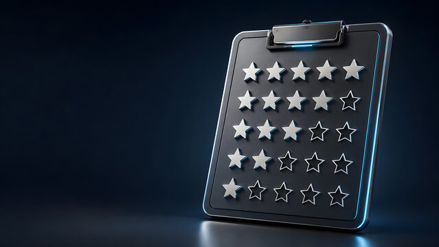 Customer feedback survey clipboard with 3D star rating levels representing business evaluation quality performance and service review concept