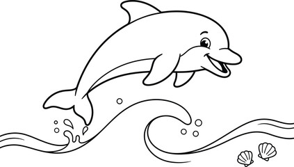 Obraz premium A cute dolphin jumping over ocean waves in this fun and simple black and white coloring book page