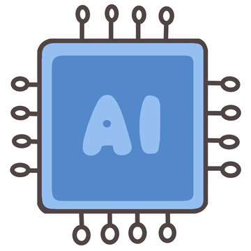AI chip icon illustration. Hand drawn blue semiconductor processor isolated on white background.
