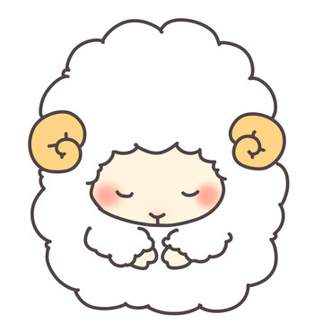 White sitting sheep illustration. Hand drawn Japanese New Year zodiac ram bowing in greeting isolated on white background.