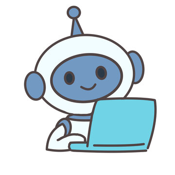 AI robot using a laptop illustration. Hand drawn friendly robot working on a computer isolated on white background.