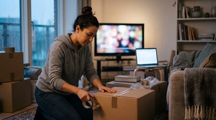 Fototapeta premium Woman packing cardboard moving boxes with tape in her living room during relocation cardboard box adhesive tape house moving day