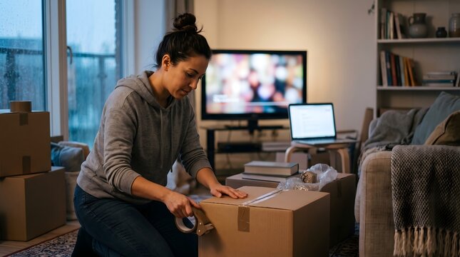 Woman packing cardboard moving boxes with tape in her living room during relocation cardboard box adhesive tape house moving day