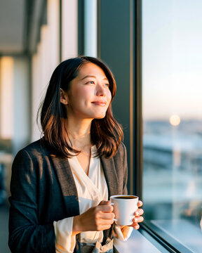 夕日の差す窓辺でコーヒーカップを持つ日本人女性

