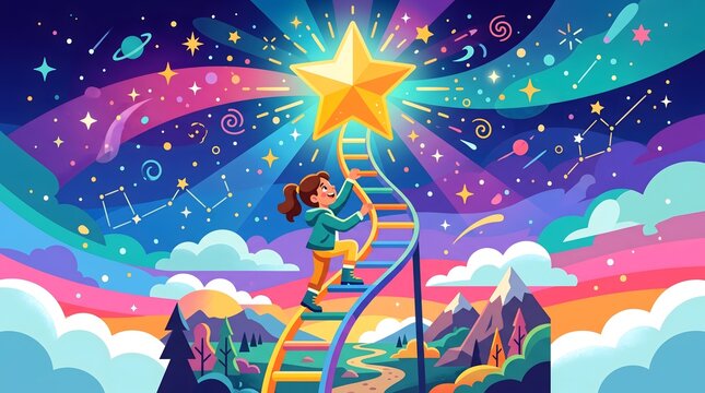 Young girl climbing a rainbow ladder towards a glowing golden star in a magical cosmic dreamscape with climbing ambition adventure