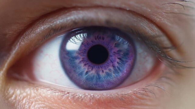 Extreme macro footage of a single beautiful human eye, rich indigo iris with subtle violet hues for National Hispanic Heritage Month