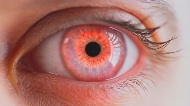Extreme macro footage of a single beautiful human eye, bright tropical pink iris with subtle patterns for National Hispanic Heritage Month