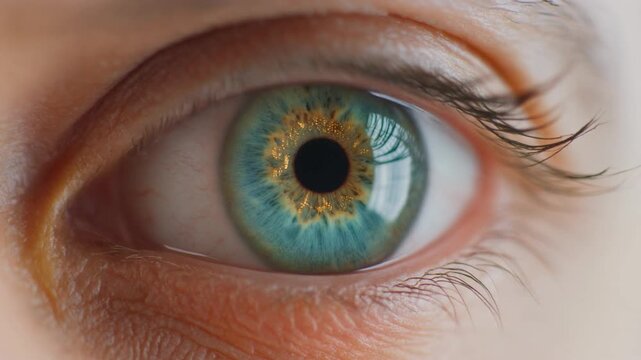 Extreme macro footage of a single beautiful human eye, vivid emerald-green iris with delicate details for National Hispanic Heritage Month