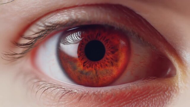 Extreme macro footage of a single beautiful human eye, rich crimson-red iris with subtle details for National Hispanic Heritage Month