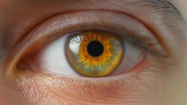 Extreme macro footage of a single beautiful human eye, luminous marigold-gold iris with warm details for National Hispanic Heritage Month