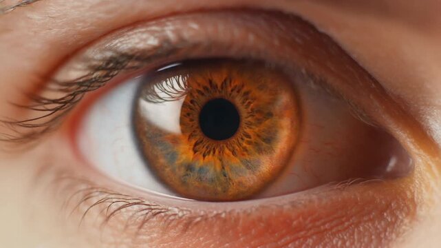 Extreme macro footage of a single beautiful human eye, warm terracotta-copper iris combining rich earth tones for National Hispanic Heritage Month