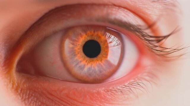 Extreme macro footage of a single beautiful human eye, luminous coral iris blending warm pink tones for National Hispanic Heritage Month