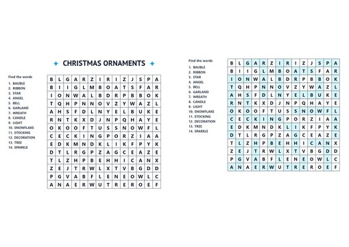 Christmas ornament word search puzzle with holiday-themed words  
