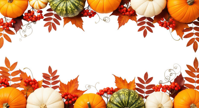 Autumn harvest border with pumpkins and berries isolated on transparent background