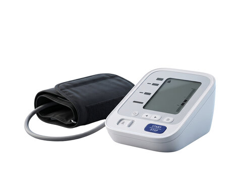 Automatic digital blood pressure monitor with grey arm cuff and LCD display for medical health tracking on black background