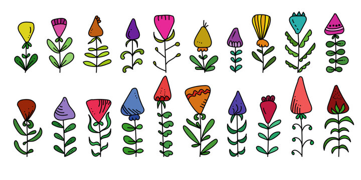 set of colorful hand drawn triangle flowers with stylized stems and leaves vector illustration