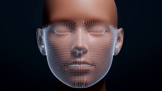 3D Human Head with Closed Eyes and Wireframe Jaw Against Dark Background