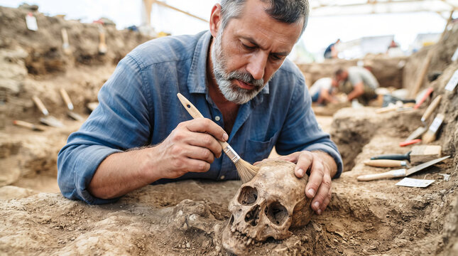 Man archaeologist brushing ancient human skull at excavation site. Scientist studying human remains during archaeological dig. History and science discovery. Archaeologist day