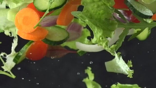 Fresh green salad with tomatoes flying in air in super slow motion