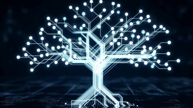 Digital circuit tree with branching data connections over a dark technology background