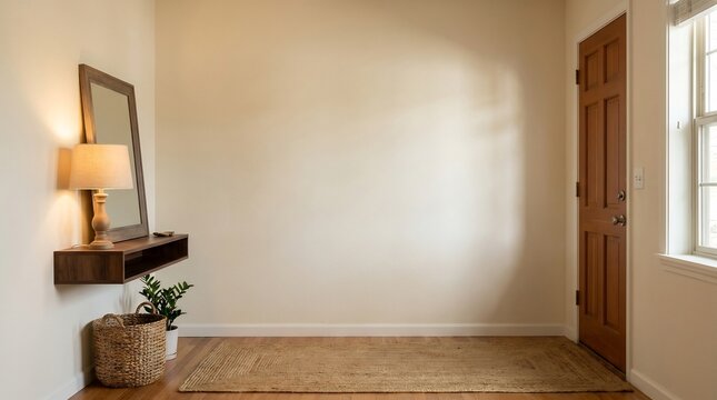 Welcoming home entryway featuring a wooden door, a floating shelf with a lamp and mirror, and a natural ju &mdash; a scenic Mediterranean style green screen background for travel vlogs and lifestyle content